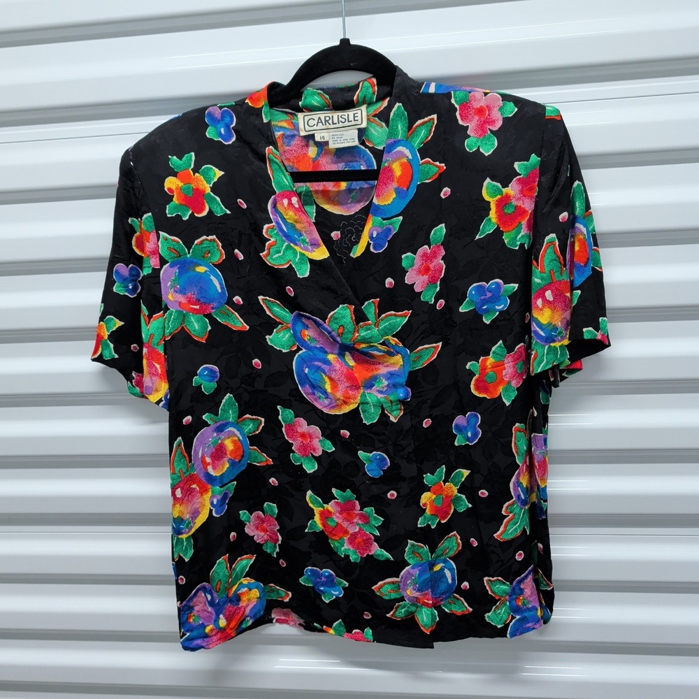 Carlisle Size 14 Womens Silk Blouse Black Multicolored Floral Fruit Vintage 90s